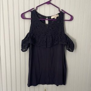 LOFT Navy Blue Ruffled Lace Sleeveless Blouse | Size Medium